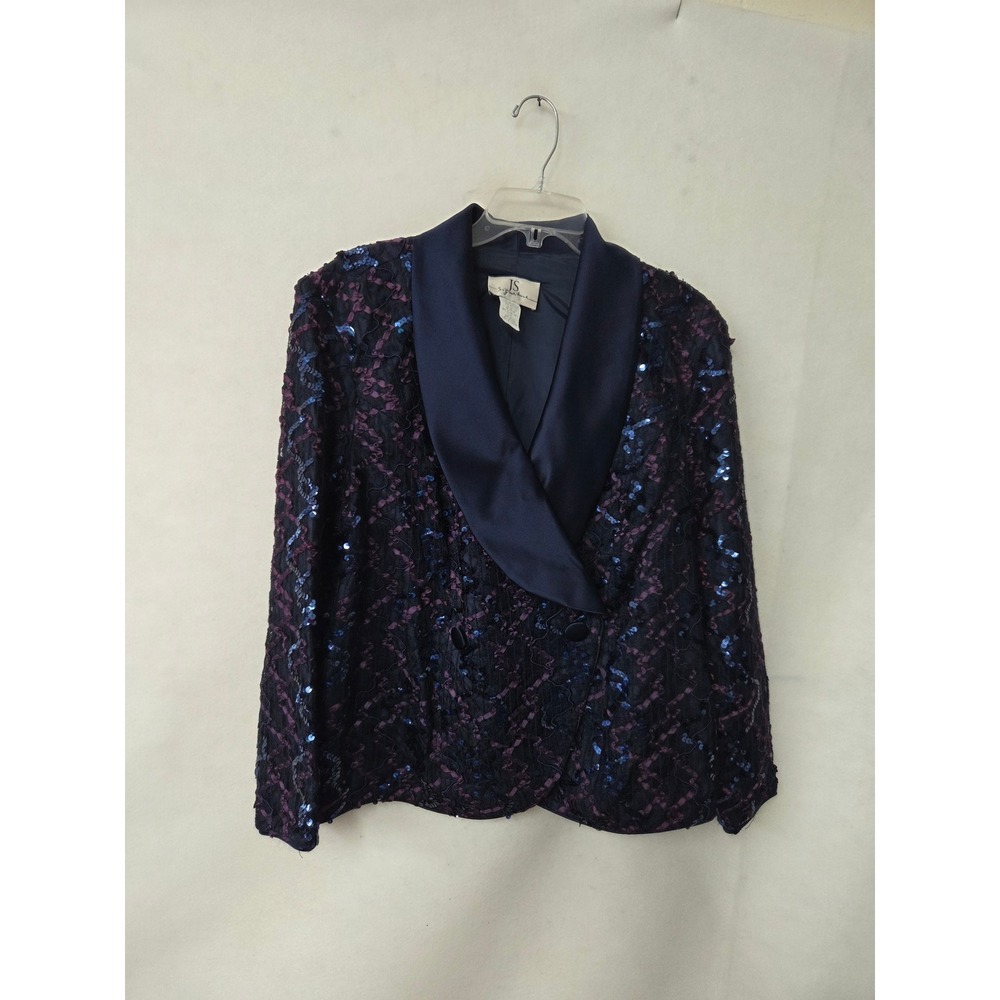 JS Signature Womens Navy Purple Sequin Lace Evening Blazer Jacket Size 16W 4459A